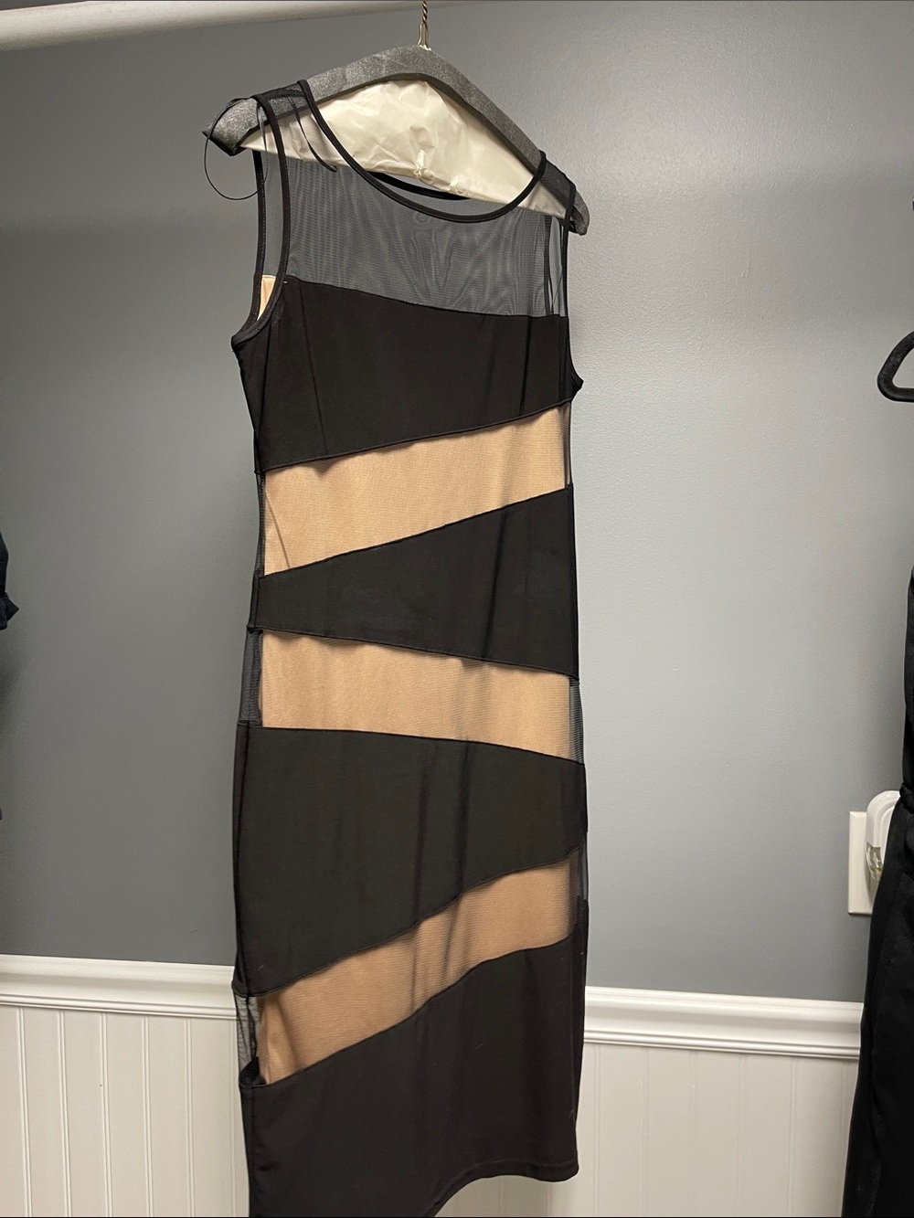 Dress Barn Black and Nude Diagonal Panel Midi Dress